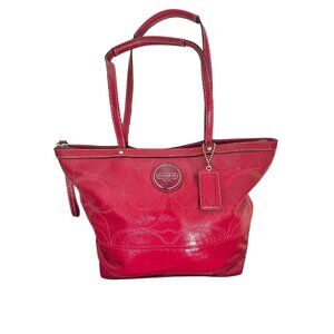 COACH Berry Pink Patent Leather Stitch C Signature Stripe Tote Handbag